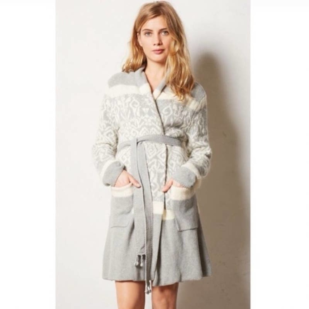 Anthropologie Gray and Cream Knit Robe Cardigan NO BELT